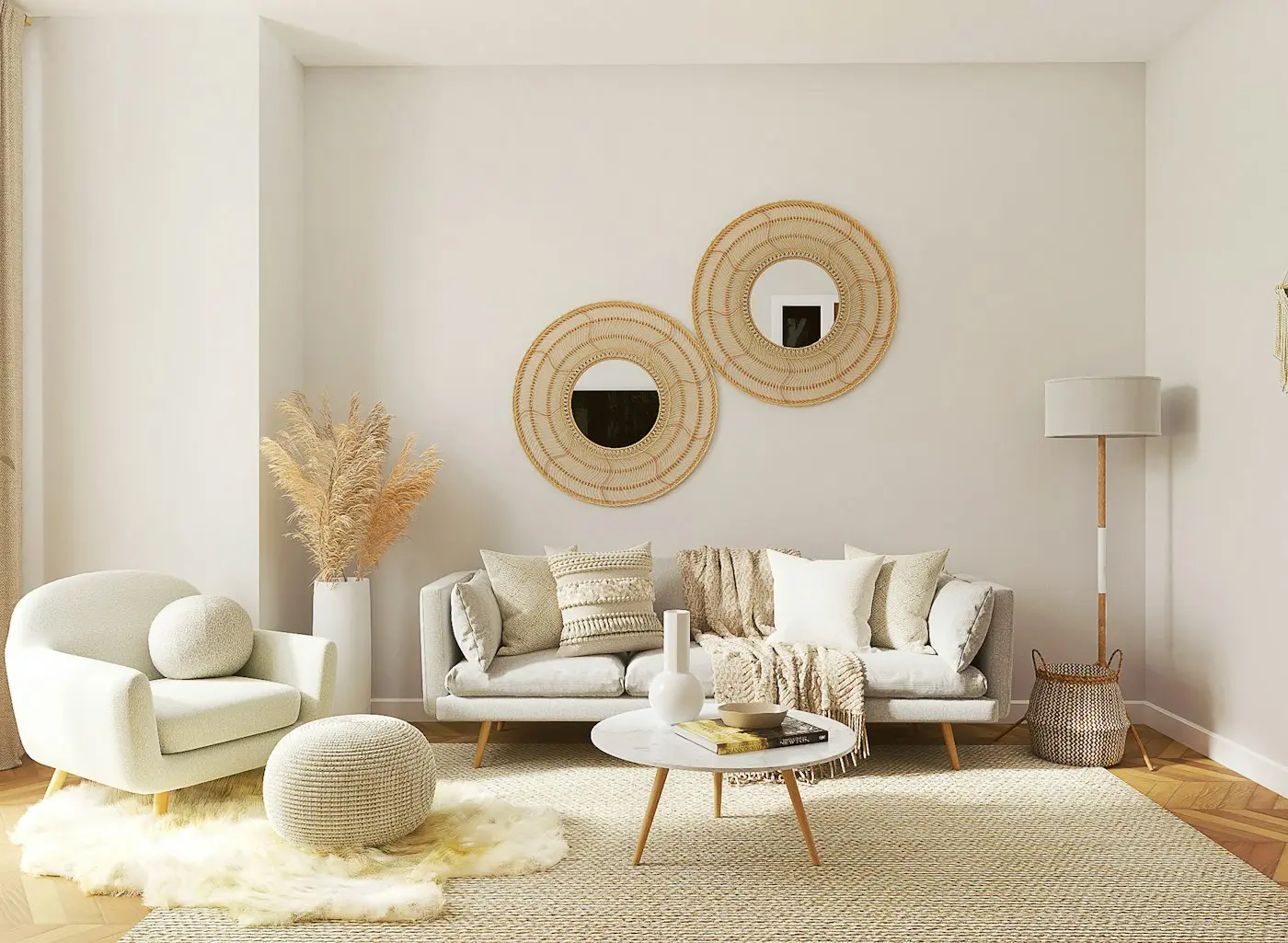 Light-toned living room with soft greys and warm wood, freshly decorated by Jet Painting
