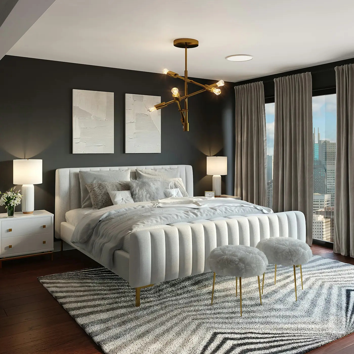 Bright sunlit bedroom with white walls and a high-quality matt finish